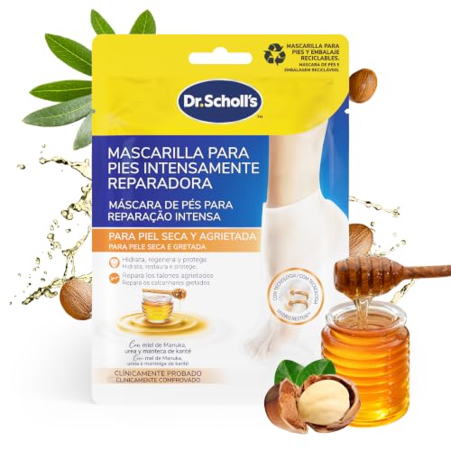Dr.Scholl's PediMask Mascarilla Hidratante para Pies, Nutre, Repara y Suaviza Talones Secos y Agrietados, con Miel de Manuka, Urea y Manteca de Karité, 1 Par