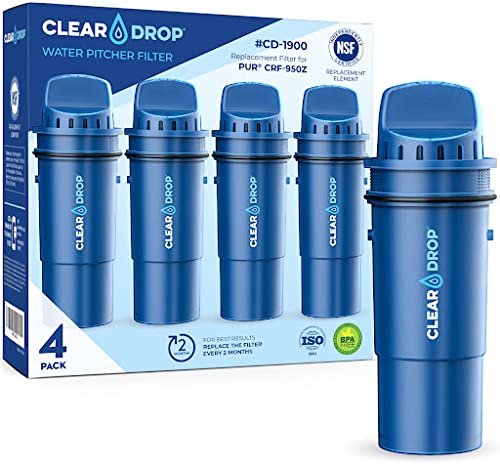 Clear Drop CRF-950Z Filter Replacement for Pur Pitcher and Dispensers. Compatible with Pur CRF950Z, DS-1800Z, PPT700W, PPF951K, CR-1100C, CR-6000C, PPT711W, PPT711, PPT710W, PPT111W, and More.(4 Pack)