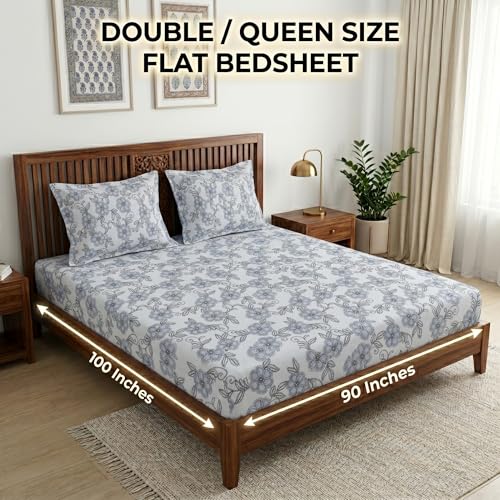 Image of Mafatlal 186 TC Grace Pure Cotton Double Size Bedsheet | 90 x 100 Inch | Soft Breathable Cotton Bed Sheet Set with 2 Pillow Covers | Sapphire Blue