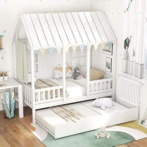 Giantex Twin House Bed with Trundle, Kids Bed Frame with 82" Tall Roof, Windows and Guardrail, Wooden Playhouse Bed for Teens Boys Girls Bedroom, No Box Spring Needed, Free to Decorate, White Giantex Twin House Bed with Trundle Kids Bed Frame with 82 Tall Roof Windows and Guardrail Wooden Playhouse Bed for Teens Boys Girls Bedroom No Box Spring Needed Free to Decorate White