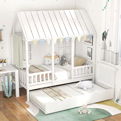 Giantex-Twin-House-Bed-with-Trundle-Kids-Bed-Frame-with-82-Tall-Roof-Windows-and-Guardrail-Wooden-Playhouse-Bed-for-Teens-Boys-Girls-Bedroom-No-Box-Spring-Needed-Free-to-Decorate-White Giantex Twin House Bed with Trundle Kids Bed Frame with 82 Tall Roof Windows and Guardrail Wooden Playhouse Bed for Teens Boys Girls Bedroom No Box Spring Needed Free to Decorate White