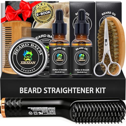 Image of Beard Straightener Kit,Beard Growth Grooming Kit w /Beard Straightener,Heat Protectant Spray,Beard Wash Shampoo,Conditioner,Oil,Balm,Wax,Comb,Brush,Scissor,Bag,E-Book,Gifts for Men Him Dad Boyfriend