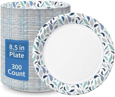 OuMuaMua 8.5 Inch Paper Plates, 300 Count Disposable Plates