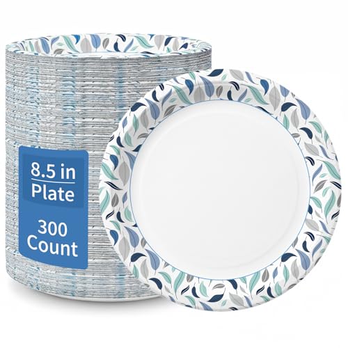 OuMuaMua 8.5 Inch Paper Plates, 300 Count Heavy Duty Disposable Plates, Soak Proof & Cut Resistant, Microwave Safe, Bulk Plates for Everyday Meals, Lunch & Family Use