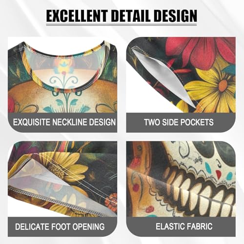 ALAZA Sugar Skull and Flowers Pajama Set Short Sleeve Sleepwear Soft Lounge Nightwear4