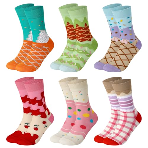 scenicamp 6 Pairs Novelty Fun Crew Socks for Women Colorful Crazy Socks for Women Girls Gifts Ice Cream Pink Yellow Blue Green White Purple