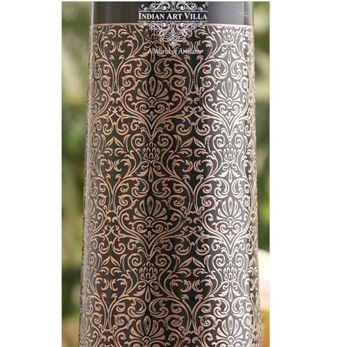 Image of INDIAN ART VILLA Copper Drinkware Gift Pyramid Shape Dark Embossed Design Copper Bottle, 800 ML, Prined Dark Brown