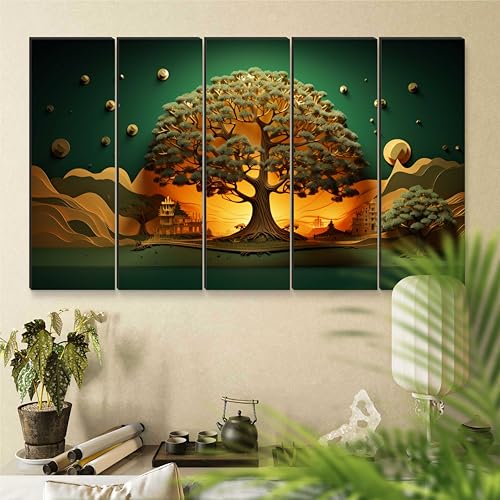 Image of Livin'luxe 5 Panel Tree of Life Wall Art | Majestic Sunset Glow & Temple Silhouettes | Surreal Green & Golden Framed Wall Art for Living Room, Pooja Room & Modern Ethnic Decor (50 x 30 Inch) XL-35419