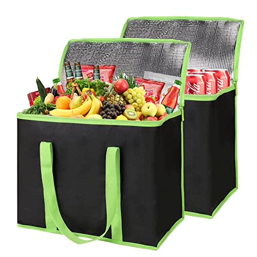 2-Pack Insulated Reusable Grocery Shopping Bag, X-Large, Black-Green