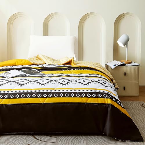 Image of Ac Comforter Single Bed Boho with Satin Finish 240 GSM - Reversible AC Comforter -Black & Yellow, Aztec Comforter Quilt Duvet Dohar Blanket for Mild Summer 150 X 225 cm