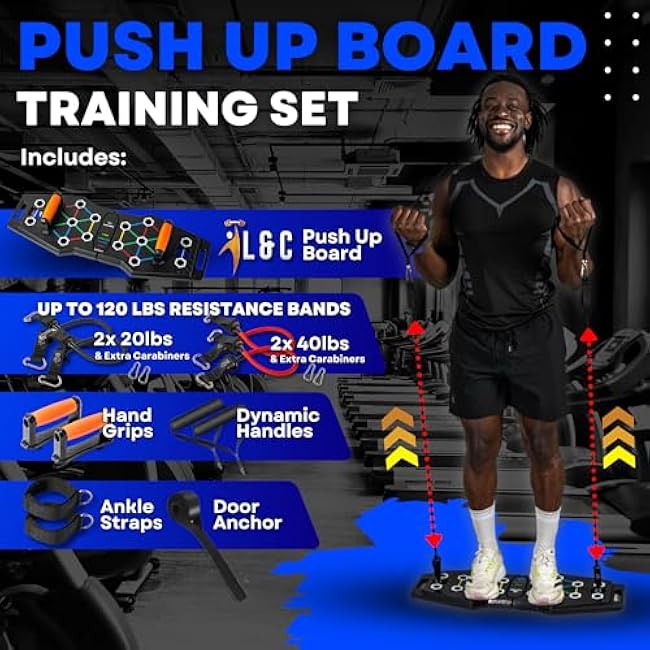 Push Up Board for Full Body Workout at Home - Portable, Joint Friendly, Fun & Motivating Home Workout Equipment with QR Code Guided Workouts - Ideal for Men, Women, Teens - L&C Exercise Essentials