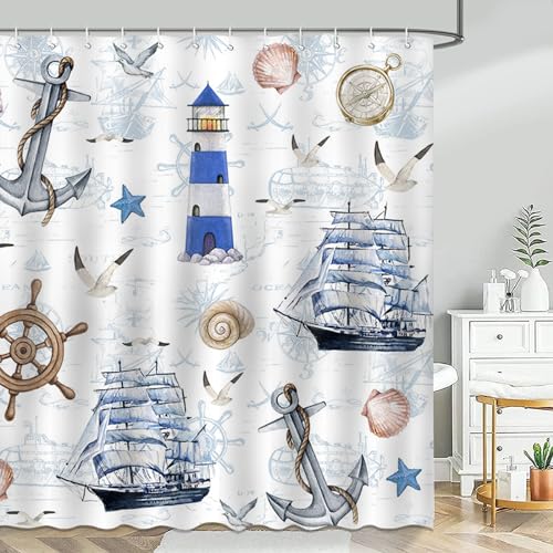 Avezano Rideau de douche nautique motif bateau à voile, phare, boussole, ancre, rideau de douche pour salle de bain, rideau de douche nautique imperméable...
