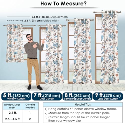 Image of Story@Home Long Door Curtains 9 Feet Long Set of 2 | Floral Print | Semi Transparent Curtain | Net Curtains | Sheer Curtain for Living Room | (118 x 275 cm, Cream & Blue) | Perfect for Home Decor