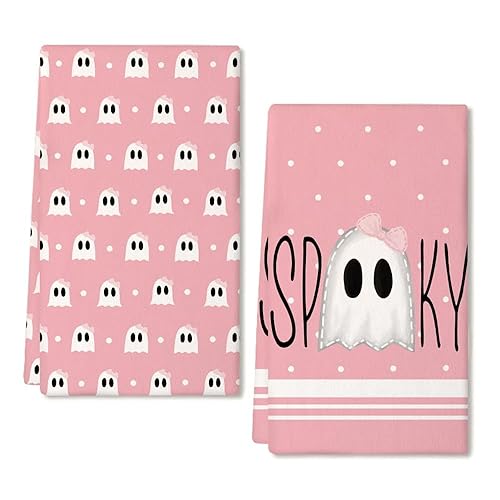 ARKENY Halloween Kitchen Dish Towels Set of 2,Pink Ghost Bowknot 18x26 Inch Drying Dishcloth,Farmhouse Home Decoration AD112 - Pink