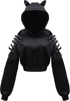 DHSPKN Womens Cat Ear Hooded Sweater 90s Gothic Cold Shoulder Lace Up Y2k Cute Crop Tops Sweatshirt for Teen Girls