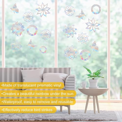 Image of 18PCS Mandala Window Clings - Anti-Collision Decals to Save Birds from Collisions,Non Adhesive Prismatic Vinyl Clings, Rainbow Stickers
