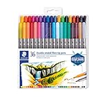 STAEDTLER 3200 TB36 Design Journey Double-Ended Fibre-Tip Pens with Thin & Wide Nibs - Assorted Colours (Pack of 36)