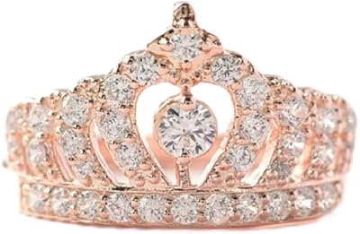 LRGKMCWTOB Women Crown Rings Princess Queen 18K Gold Plated Tiara Ring Tiny CZ Gift Girl Eternity Heart-Shaped Promise Ring Zircon Jewelry (Size 6), C19