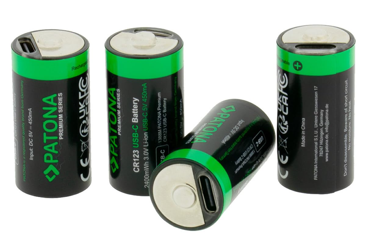 PATONA 4X CR123A Akku 3V wiederaufladbar – Lithium-Akku mit USB-C-Ladefunktion – inkl. 1-zu-2 USB-C-Kabel – für Kamera, Taschenlampe und Mikrofon
