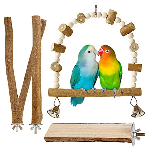 Image of Cockatiel Toys Wooden Perch 4 Pack, Bird Cage Natural Platform Hammock Swing Perches for Parakeets Budgie Conures Medium Parrots Hamster