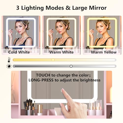 Image of Wodeer Pink Makeup Vanity Desk with Mirror & Lights, Modern Vanity Table with Charging Station, 7 Drawers, Glass Cabinet, Adjustable Shelves, Bedroom Dressing Table Set for Women & Girls