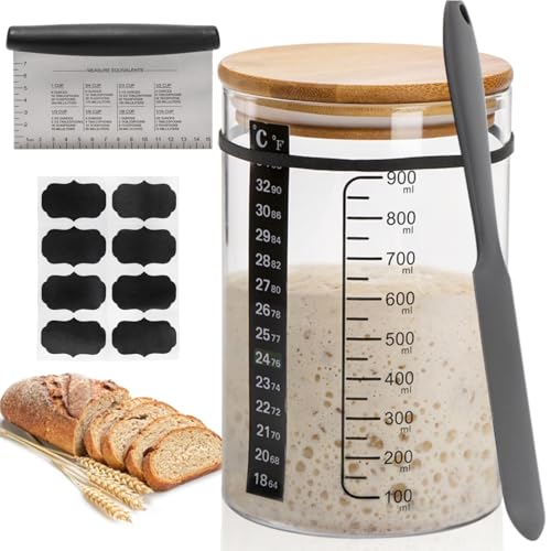 Tlence Kit de tarro de masa madre para iniciación, recipiente de vidrio de 32 onzas con tapa de bambú para pan de masa agria, incluye termómetro, espátula de silicona, calcomanías de pizarra y