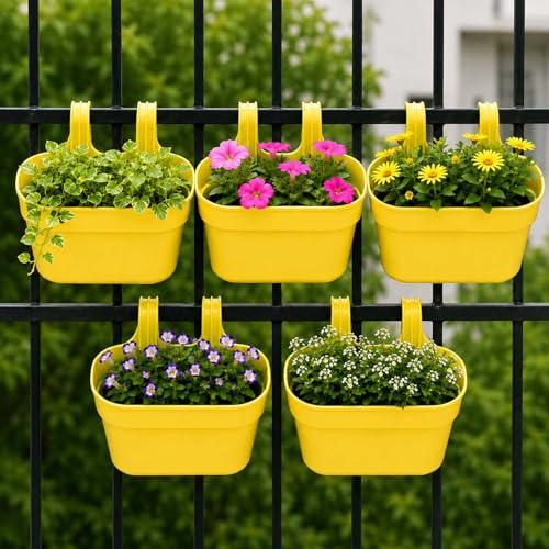Image of Go Hooked 12 Inch Plastic Railing Hanging Planter Pot Set of 5 | Rectangular Flower Pots with Double Hook for Garden Fence Balcony Indoor Outdoor Home Decor | Durable Plant Container (Yellow)