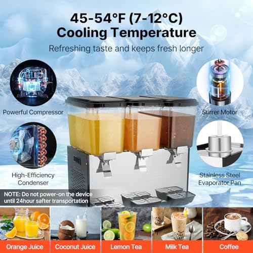 Image of VEVOR Commercial Beverage Dispenser, 3 Tanks Juice Dispenser, 18 L / 19 QT Per Tank, 512W Stainless Steel Ice Tea Drink Machine with 45℉ to 54℉ Cooling Temp, for Cold Drink Restaurant Bar Party