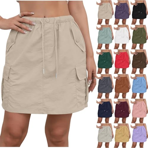 Image of Going Out Skirts Beige Loose Cargo Skirts Mini Sports Walking Skort with Pockets High Waisted Golf Athletic Skorts Relaxed Outdoor Skirt for Hiking Tennis Travel