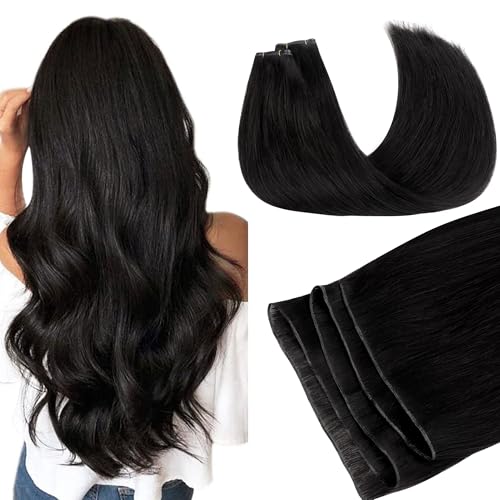 Image of GOO GOO Genius Weft Hair Extensions Human Hair, Sew In Weft Extensions, Seamless Blend & No Bulk Flat, Natural Volume for Women, 1B Natural black 14 Inch 100g