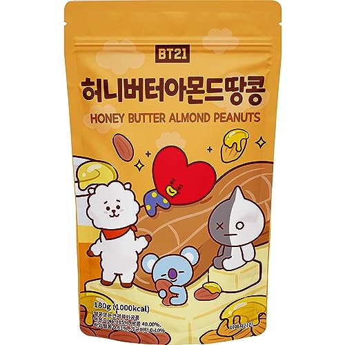 BT21 Almonds Natural Raw Snack Nuts Resealable Bag, Honey Butter Almond Peanuts flavor, 6.34 Ounce (Pack of 1)