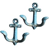 KiaoTime Set of 2 Blue Vintage Rustic Cast Iron Nautical Anchor Design Wall Hooks Coat Hooks Rack,...