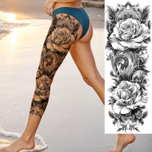 Image of Bilizar 2 Sheets Large 3D Rose Peony Flower Tattoos Full Arm Temporary Tattoo Sleeve For Women Adults, Realistic Watercolor Butterfly Flamingo Floral Fake Tattoos Full Sleeve Thigh Leg Tattoos Makeup