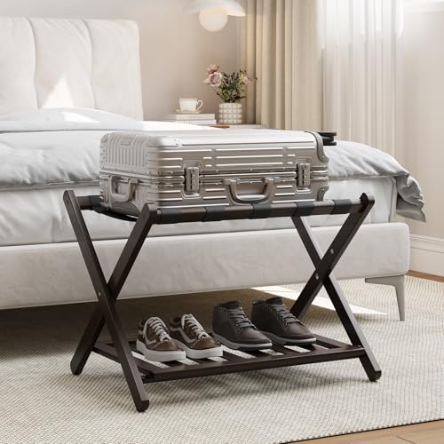 Fully Assembled Bamboo Luggage Rack with 5 Nylon Straps
