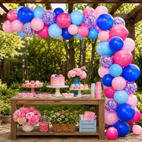 Image of Pink and Blue Balloons, 60pcs 12 Inch Royal Light Blue Hot Pink Confetti Birthday Balloons for Girl Fun Theme Birthday Beach Party Supplies Baby Shower Party Decorations