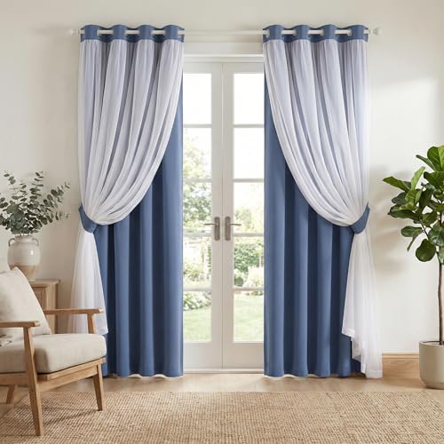 Image of PONY DANCE Double Layers Curtains for Living Room, 52-inch Wide | 84 inches Long Blackout Curtains with Sheer Overlay Home Decor, Blue Haze, Set of 2