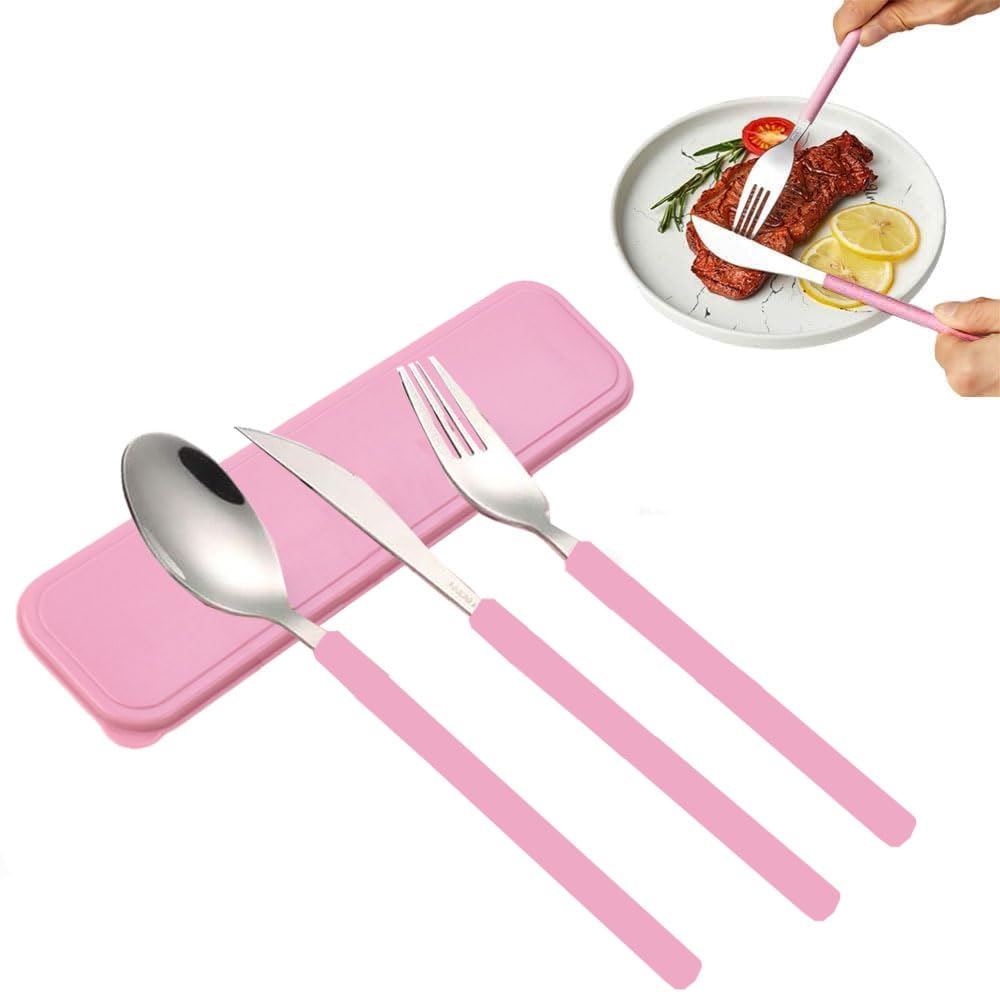 Goodern Children Utensils Set,Travel Reusable Stainless Steel Flatware Portable Child Knife Spoon Fork Set with Case Lightweight 3-Piece Exquisite Tableware for School Lunch Box Camping Picnic-Pink