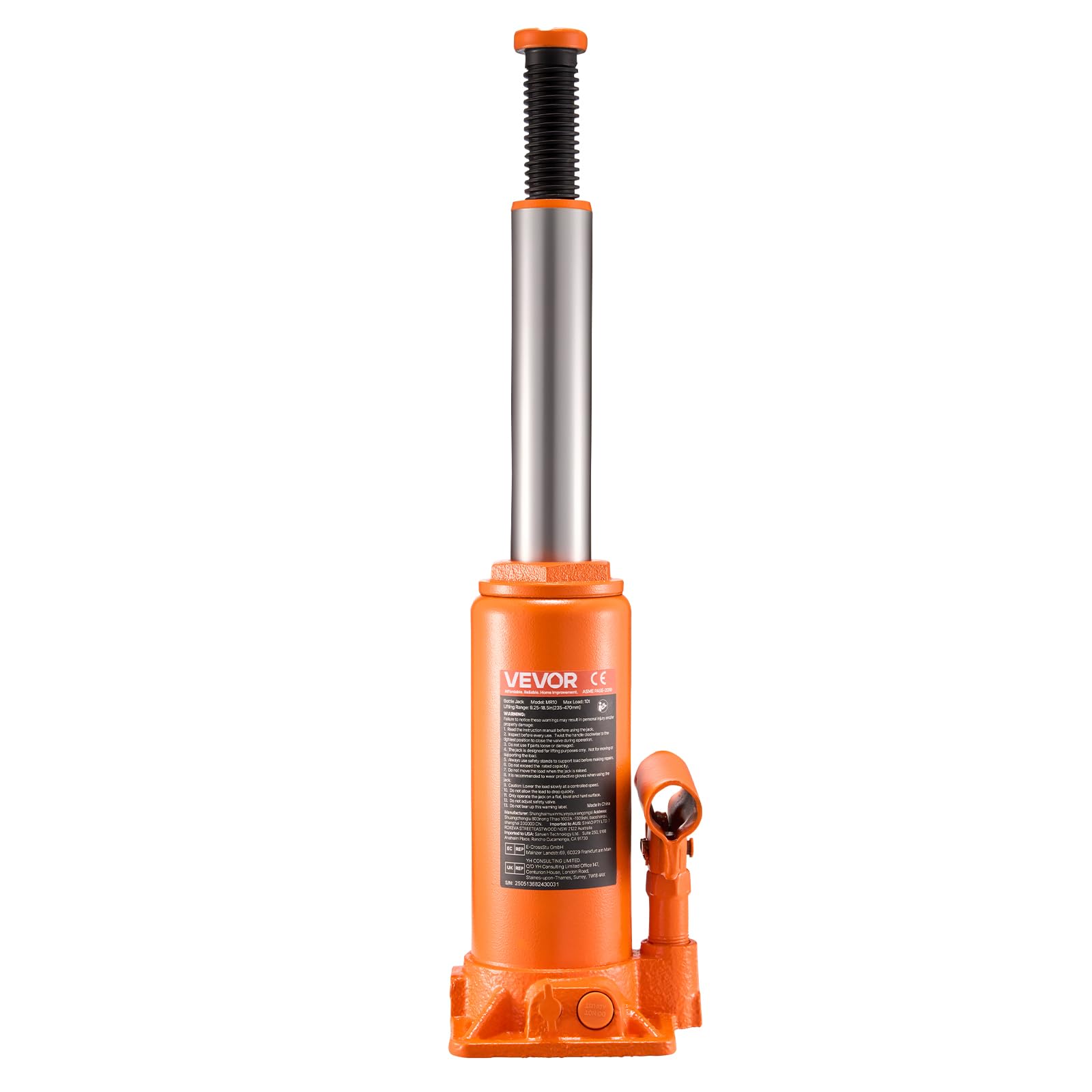 VEVOR Cric Bouteille Hydraulique Grande Capacité 10 T, Cric de Levage pour Voiture Plage de Levage 235-470 mm, pour Entretien Réparation Automobile et Équipement Agricole, Atelier Garage, Orange