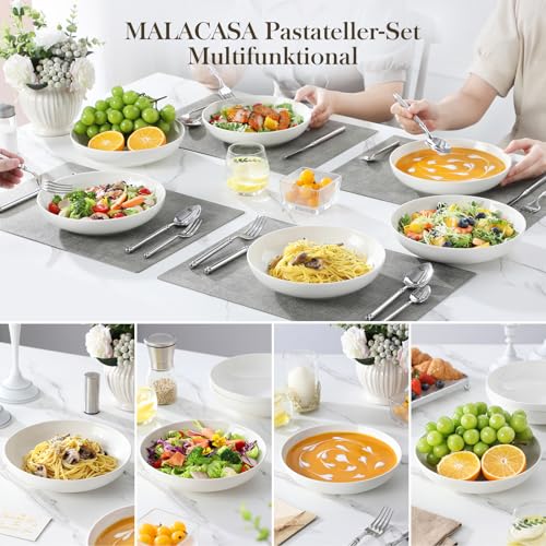 MALACASA, Serie Regular, 6 Teilig Pastateller Suppenteller Cremeweiße Porzellan Salatteller Servierteller, Tiefe Teller für Spaghetti, Große Suppenschüssel für Pasta Suppen Salat Obst, 1250ml 5