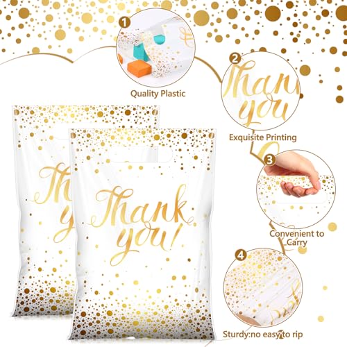 Pajean 100 Pcs Thank You Gift Bags Bulk Gold Dots Plastic Bags with Handles Black Goodie Treat Shopping Wrap for Birthday Party Favors Small Business Merchandise Graduation,6.7\" x 9.8\" (White Gold) - Thumbnail 3