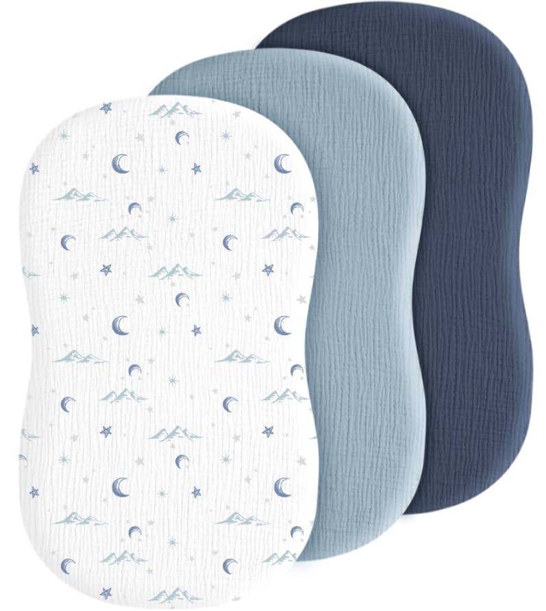 Image of Coreeky Baby Muslin Bassinet Sheets 3 Pack for Boys & Girls, Soft Breathable Cotton Bassinet Mattress Cover, Universal Fit for Hourglass, Oval, and Rectangle Mattress (Nightfall Blue)