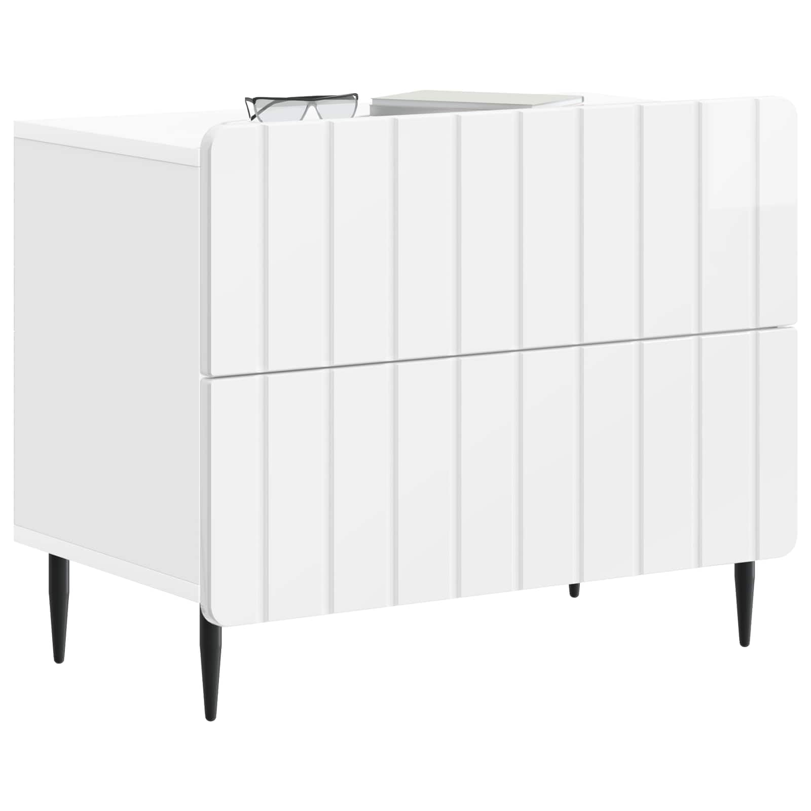 Mesita de noche moderna de color blanco brillante, 62 x 34,5 x 49,5 cm, de madera con diseño a rayas, bordes redondos y patas de hierro, mucho espacio para libros y técnica, fácil de limpiar