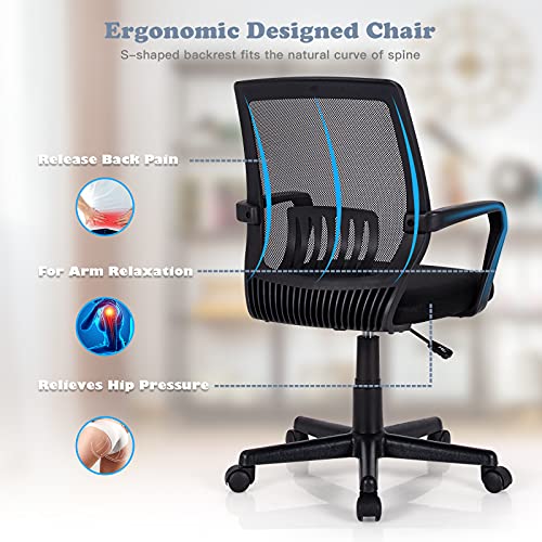 Giantex Mesh Office Chair, Mid Back Computer Desk Chair, Ergonomic Executive Chair, Lumbar Support Cushioned Seat, Rolling Swivel Armchair, Adjustable Height, Home Office Task Chair (1) #TOP3