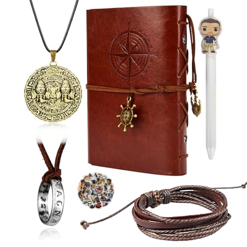 UoYu YouU - 30 cuadernos de cuero con 4 anillos hechos a mano, pulsera de cuero grabada con calavera dorada, calcomanías de película