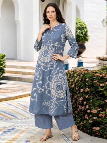 Image of ANNI Designer Kurta Set for Women Erode Rayon Printed | Kurti Set for Woman | Kurta Palazzo 2 Piece Outfit | Band Collar 3 /4 Sleeve A-Line Fit Ethnic Dress Stylish Kurta Sets for Women Clothing