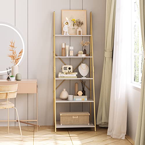 finetones-5-Tier-Ladder-Shelf-Free-Standing-A-Shape-Display-Bookcase-Storage-Organizer-Unit-with-Metal-Frame-Flower-Stand-Plant-Rack-for-Living-Room-Kitchen-Bathroom-Home-Office-WhiteGold