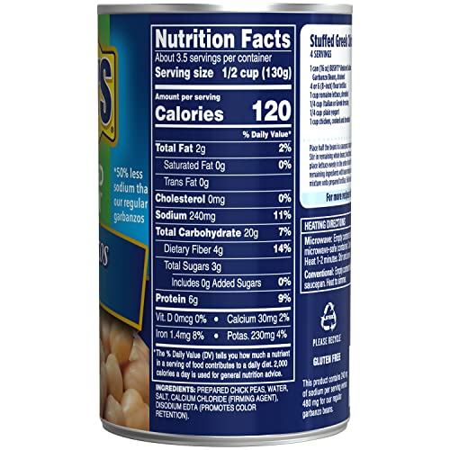 Image of BUSH'S BEST 16 oz Reduced Sodium Garbanzo Beans, Source of Plant Based Protein and Fiber, Low Fat, Gluten Free, (Pack of 12)