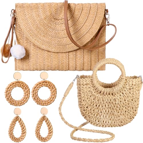 JaGely 2 Pack Women Straw Crossbody Bag Straw Clutch Rattan Purse for Women with 2 Pairs Rattan Earrings for Summer Beach Holiday Accessories