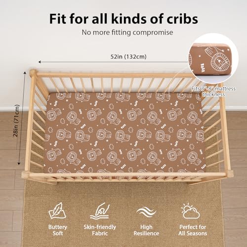 Image of Baby Crib Sheets for Boys and Girls, 3 Pack Fitted Toddler Bed Sheets Neutral for 52 inchx28 inch Standard Crib and Toddler Mattresses, Super Soft Microfiber Brown Lion