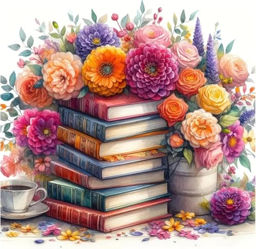 Kit peinture par numéros Shukqueen fleurs et livres toile 40x50 cm DIY